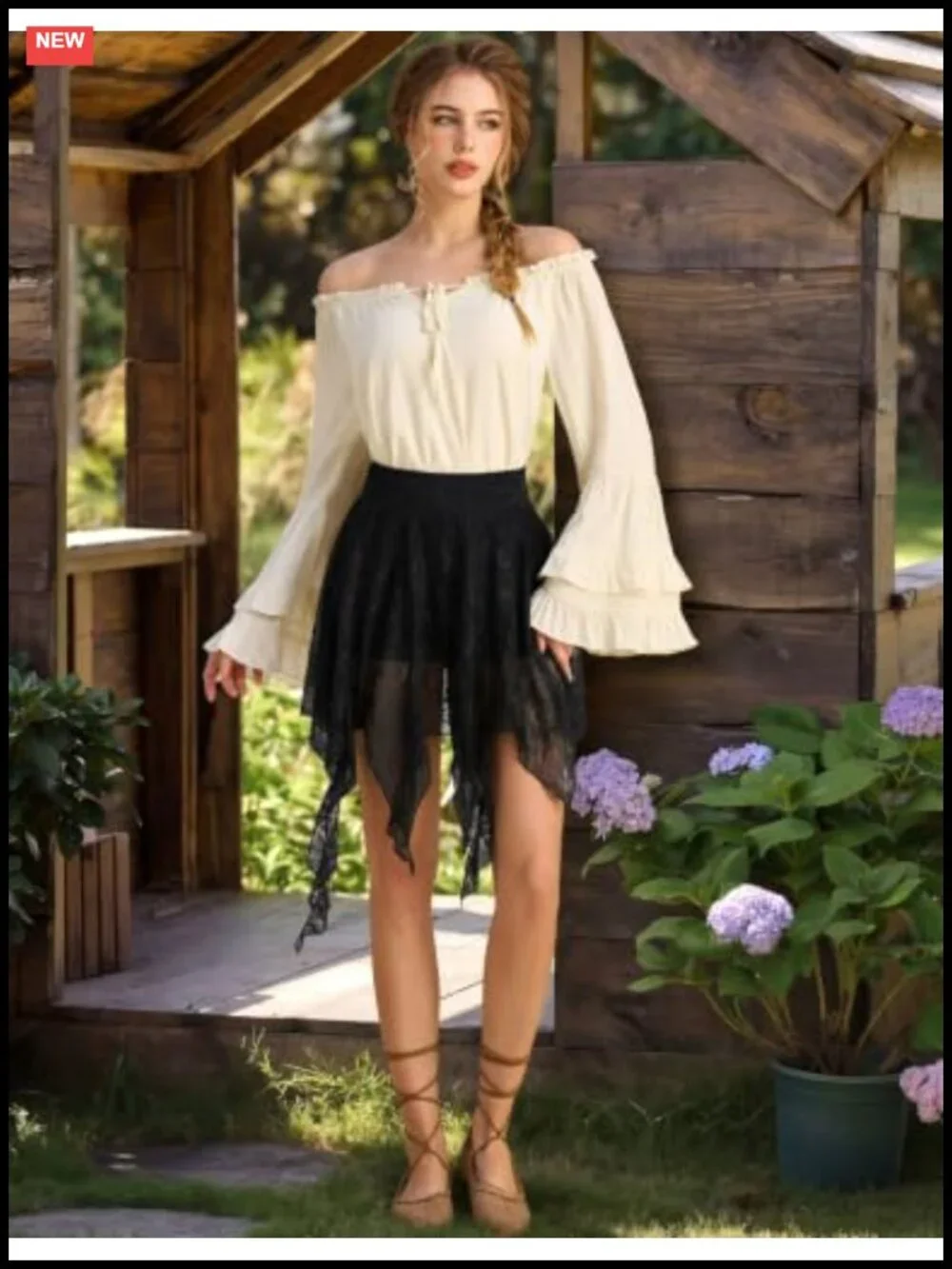 Women's High Waisted Lace Mini Skirt, Asymmetrical Ruffle Hem, Boho Renaissance